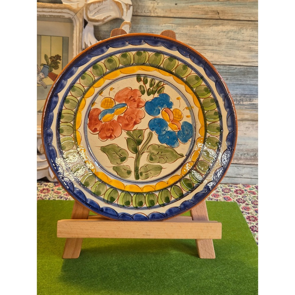 😎Vintage Hand Painted Terracotta Floral Pottery Plate Blue Red Yellow Folk Art